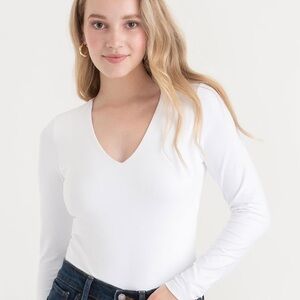 George White Long Sleeve V-Neck Bodysuit